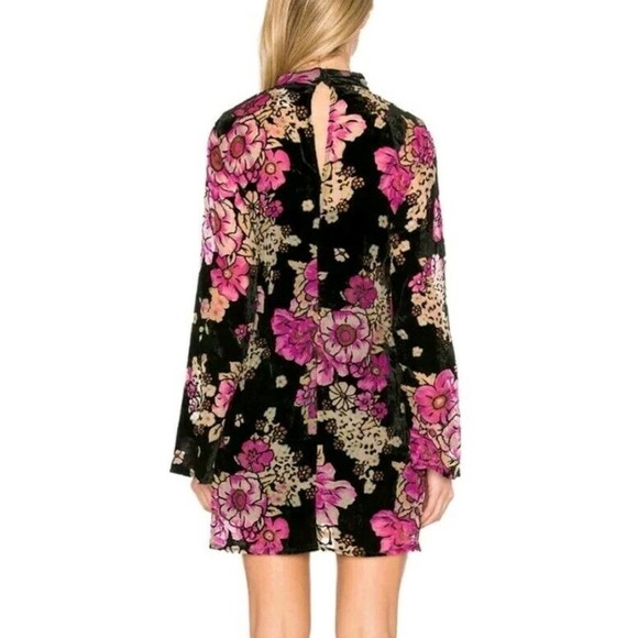 Band of Gypsies Black Pink Velvet Tunic Dress Top Lace Up Sheer Choker Floral S - Picture 3 of 8